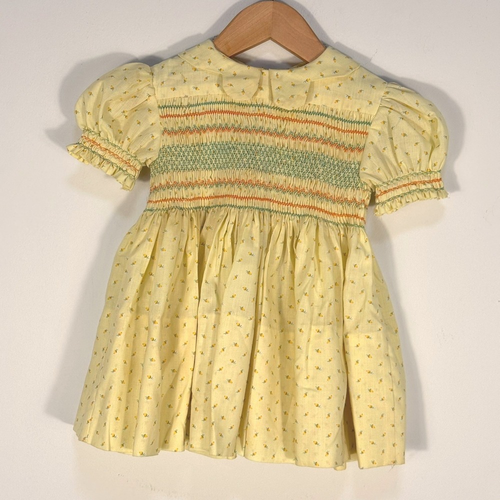 Vintage Handmade Smocked Floral Dress Yellow Green Orange Peter Pan Collar Puff